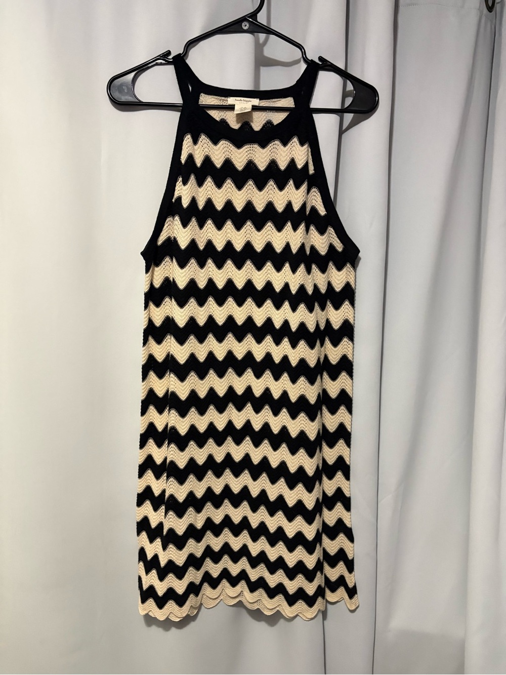 Haute Hippie Black and Cream Zigzag Halter Knit Dress